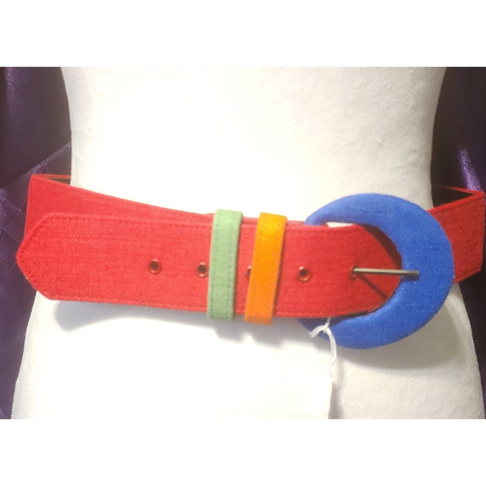 Vintage 80s Wide Red Blue Crescent Buckle Belt Colorblock Retro Pop Art Size M